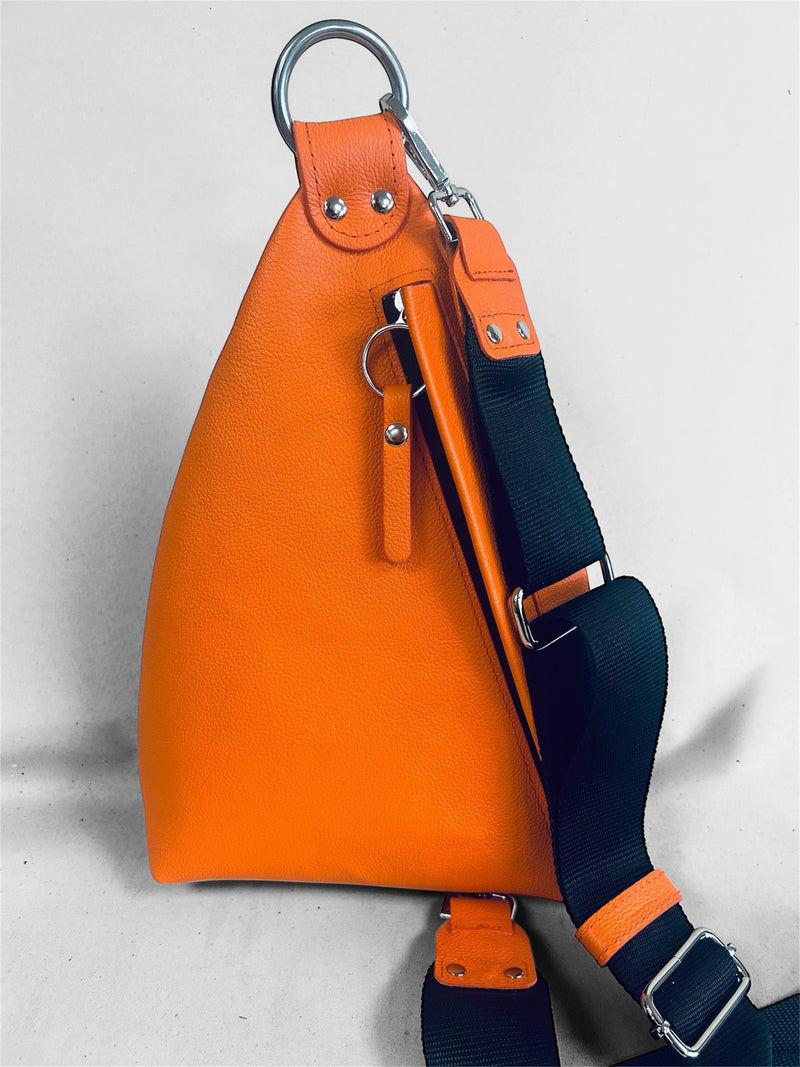READY TO SHIP - Delta Sling Bag - Black - Leather Front and Back Cross Body Bag - orange lining