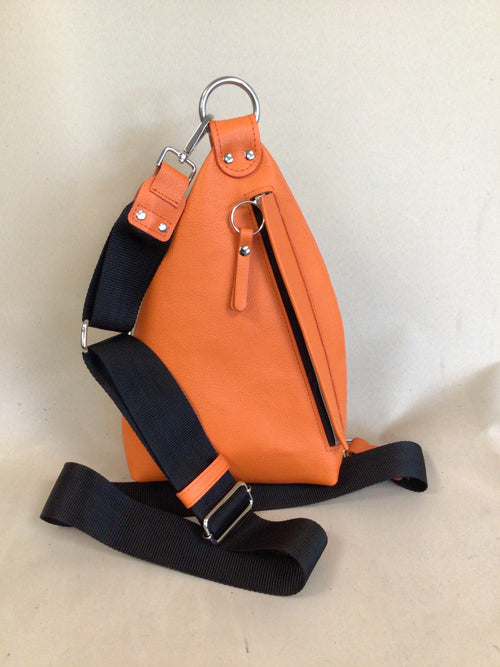 READY TO SHIP - Delta Sling Bag - Black - Leather Front and Back Cross Body Bag - orange lining