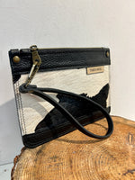 'Pasture' Small Wristlet Clutch Bag - Black and Cow Print Leather