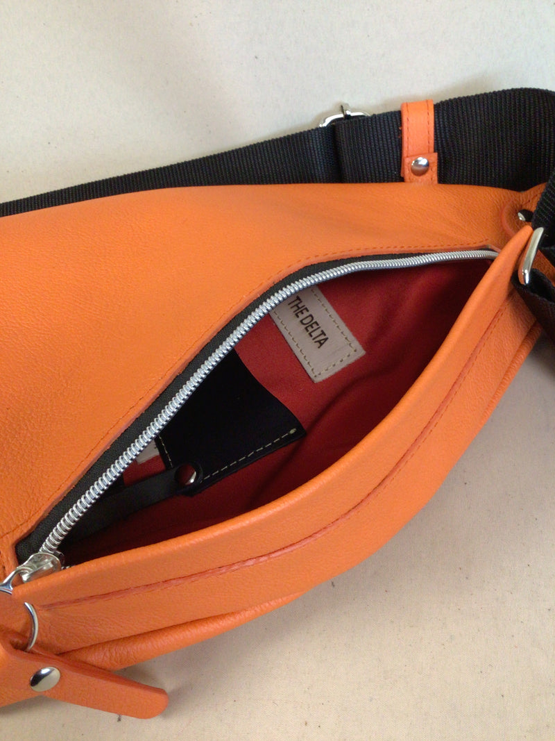READY TO SHIP - Delta Sling Bag - Black - Leather Front and Back Cross Body Bag - orange lining