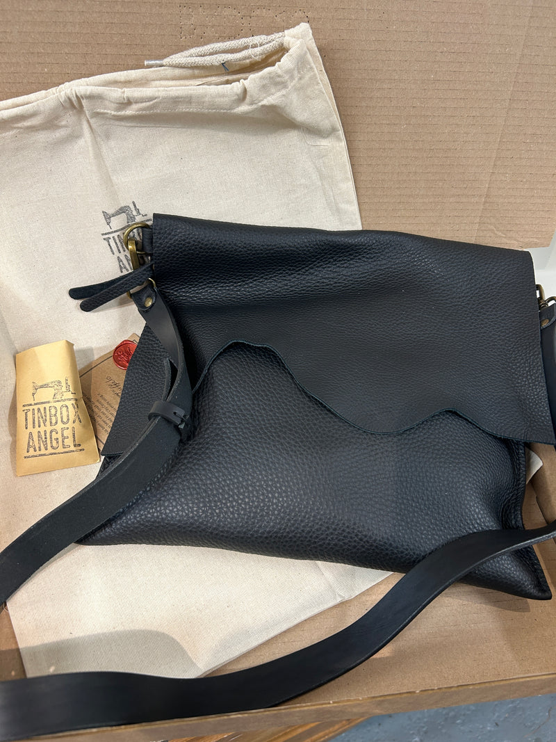 'NAKED' Large Natural Edge Crossbody Bag - Black Soft Leather