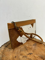'Pasture' Extra Large Wristlet Clutch Bag - Tan Brown Cow Print Leather