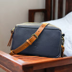 Luxury Leather Navy + Tan Camera Bag