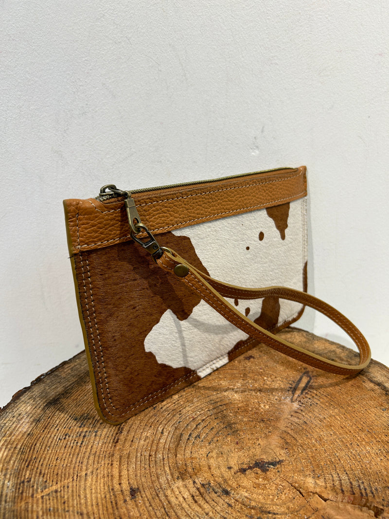 'Pasture' Small Wristlet Clutch Bag - Tan Brown Cow Print Leather