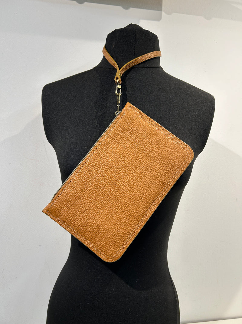 'Pasture' Small Wristlet Clutch Bag - Tan Brown Cow Print Leather