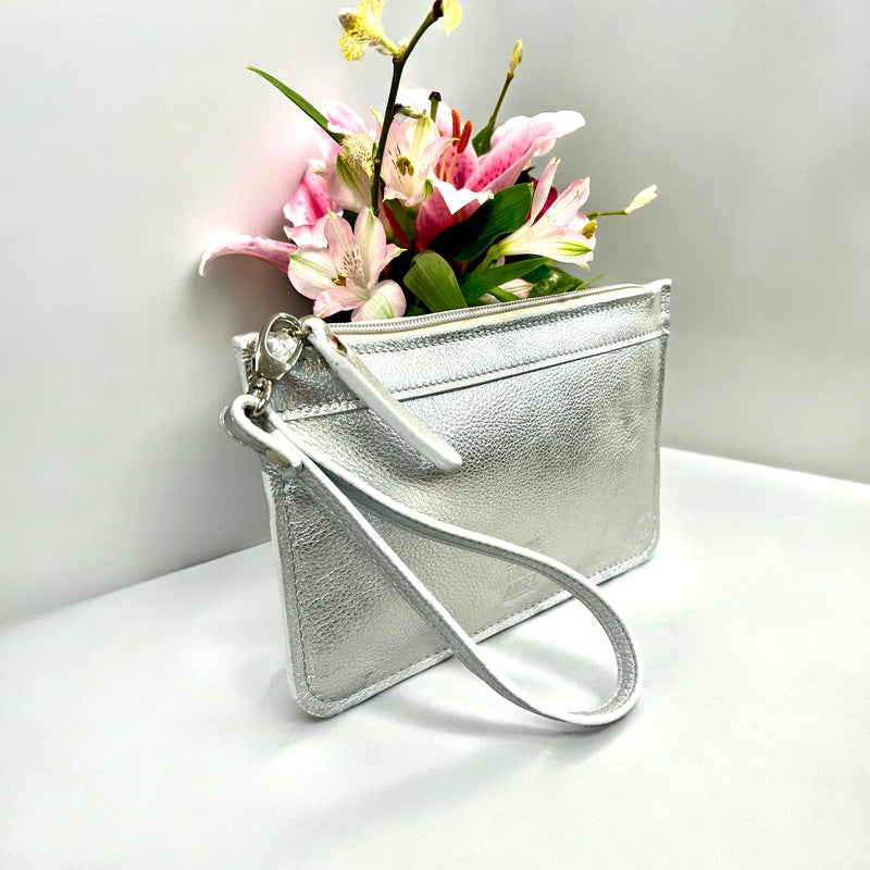 'Stirling' Metallic Silver Leather Clutch