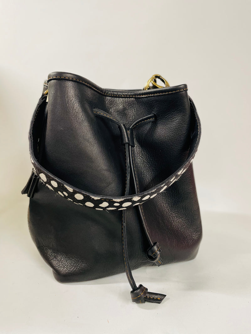 Black Full Grain Leather Bucket Bag - Optional Animal Print Strap