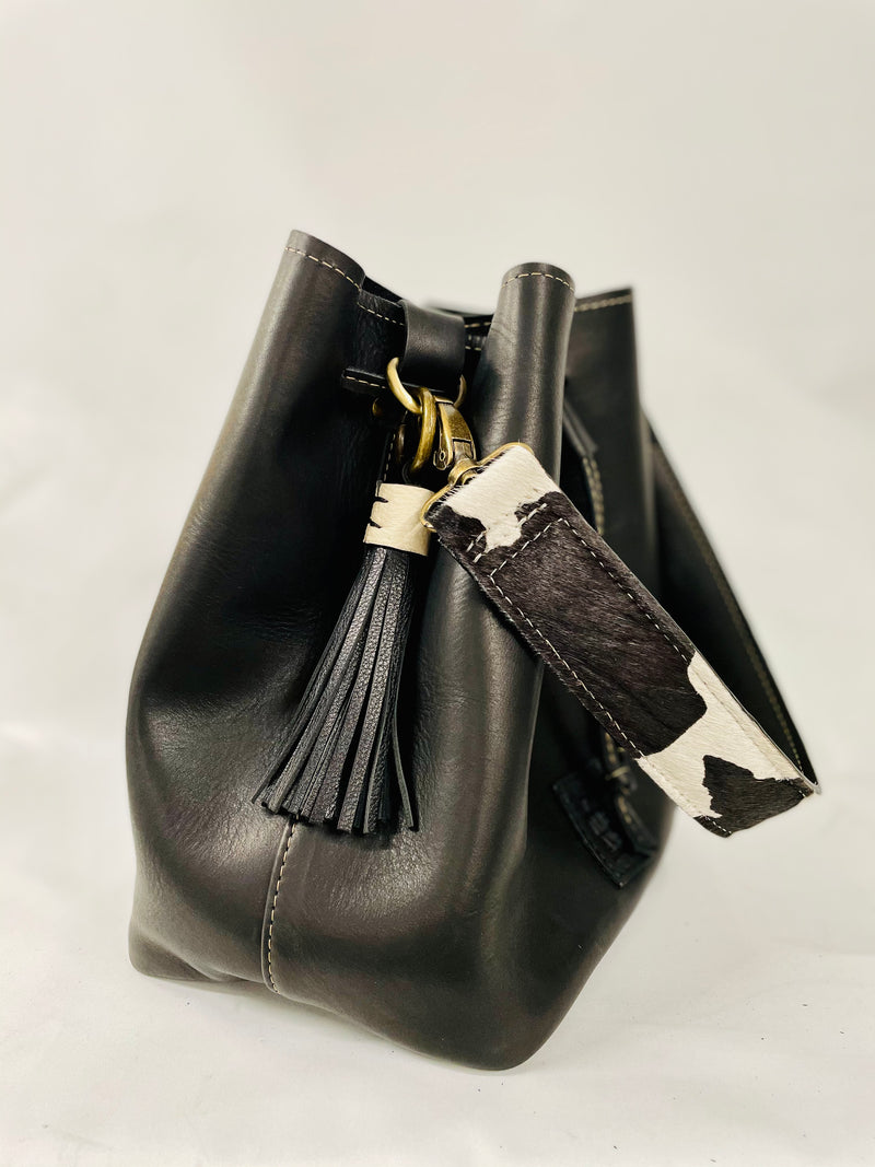 Black Full Grain Leather Bucket Bag - Optional Animal Print Strap