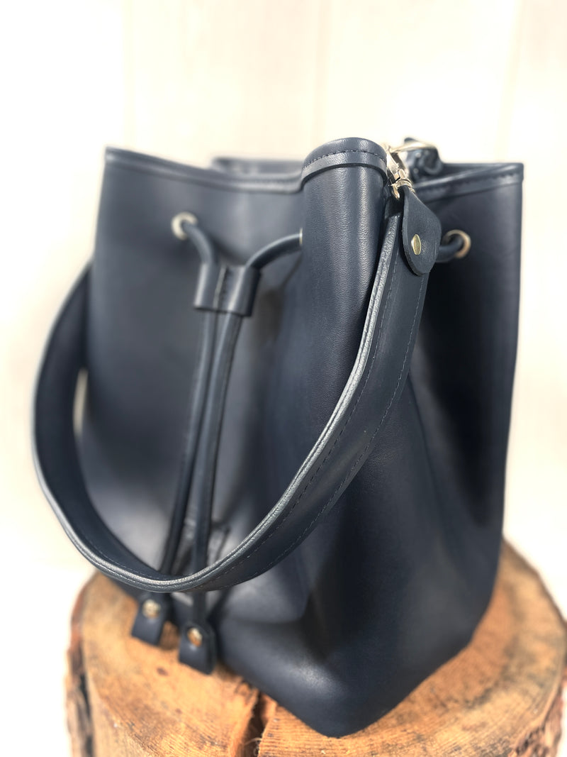 Navy Full-Grain Leather Bucket Bag