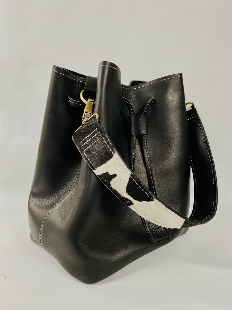 Black Full Grain Leather Bucket Bag - Optional Animal Print Strap