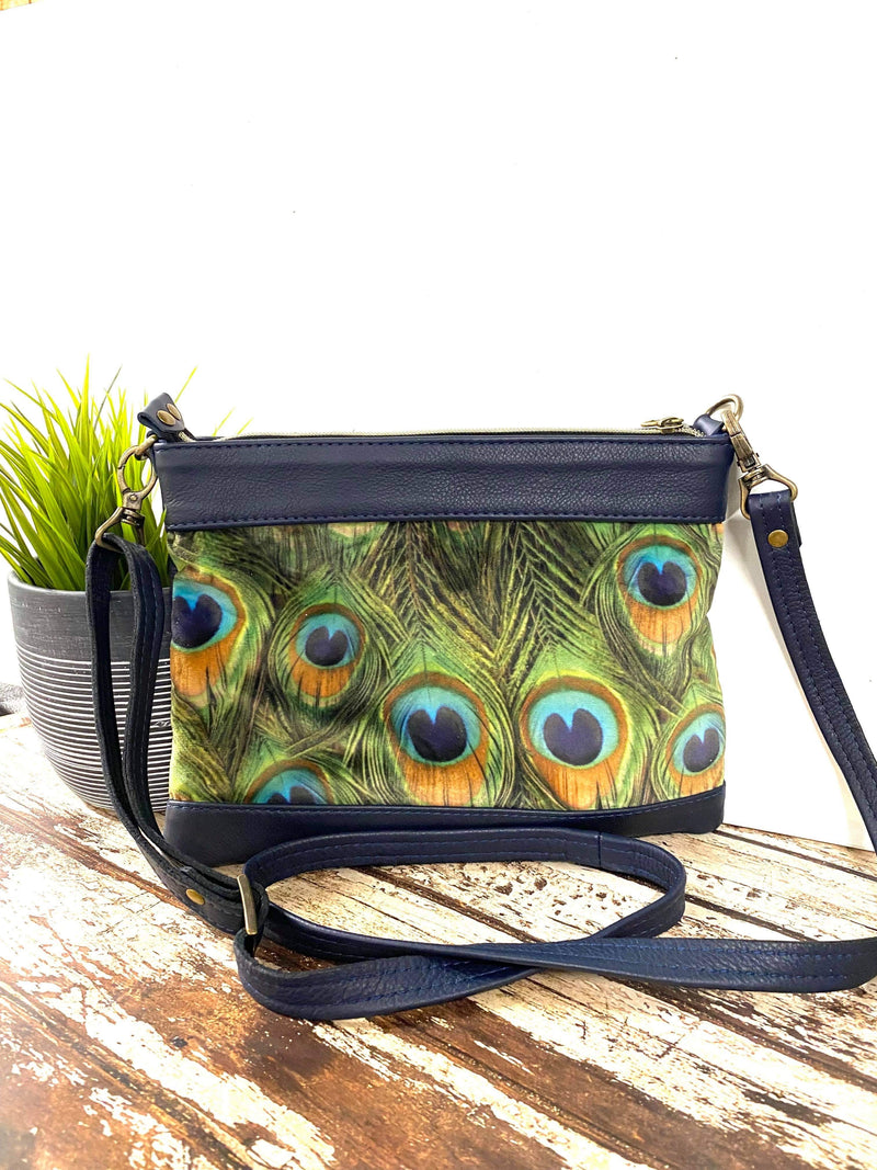 Luxury Leather & Peacock Velvet Crossbody Bag